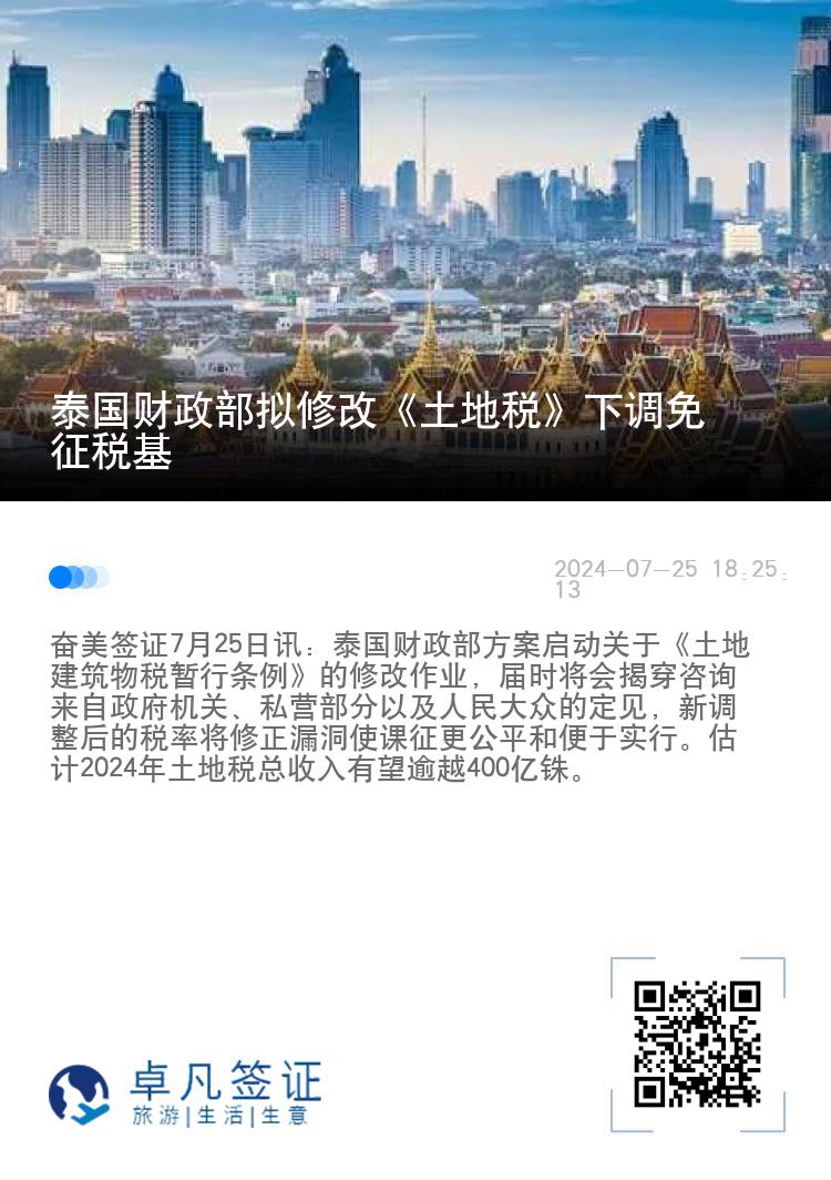 泰国财政部拟修改《土地税》下调免征税基