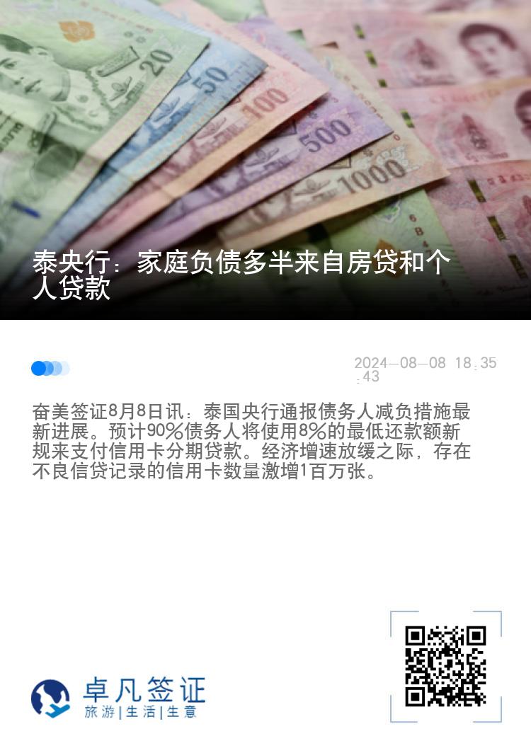 泰央行：家庭负债多半来自房贷和个人贷款