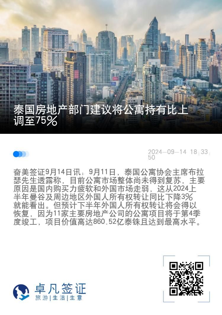 泰国房地产部门建议将公寓持有比上调至75%