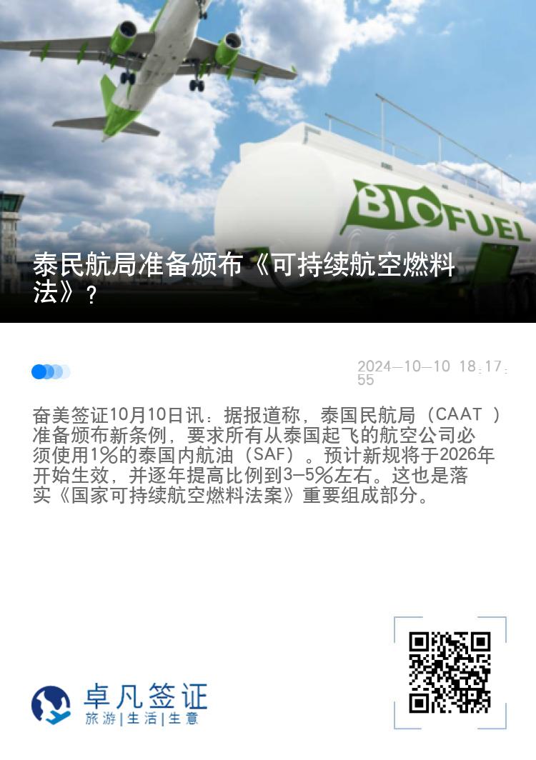 泰民航局准备颁布《可持续航空燃料法》？