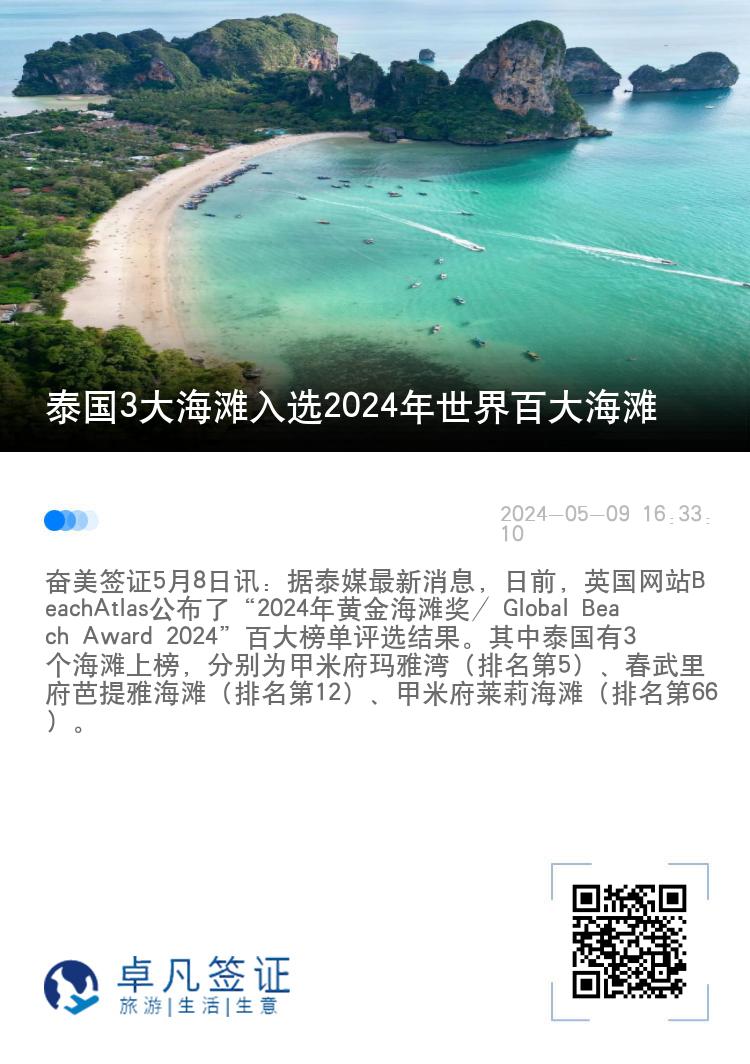 泰国3大海滩入选2024年世界百大海滩