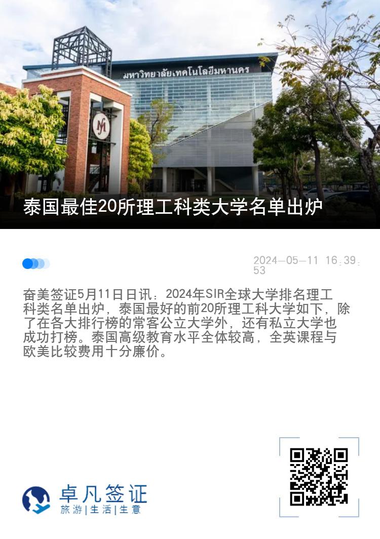 泰国最佳20所理工科类大学名单出炉