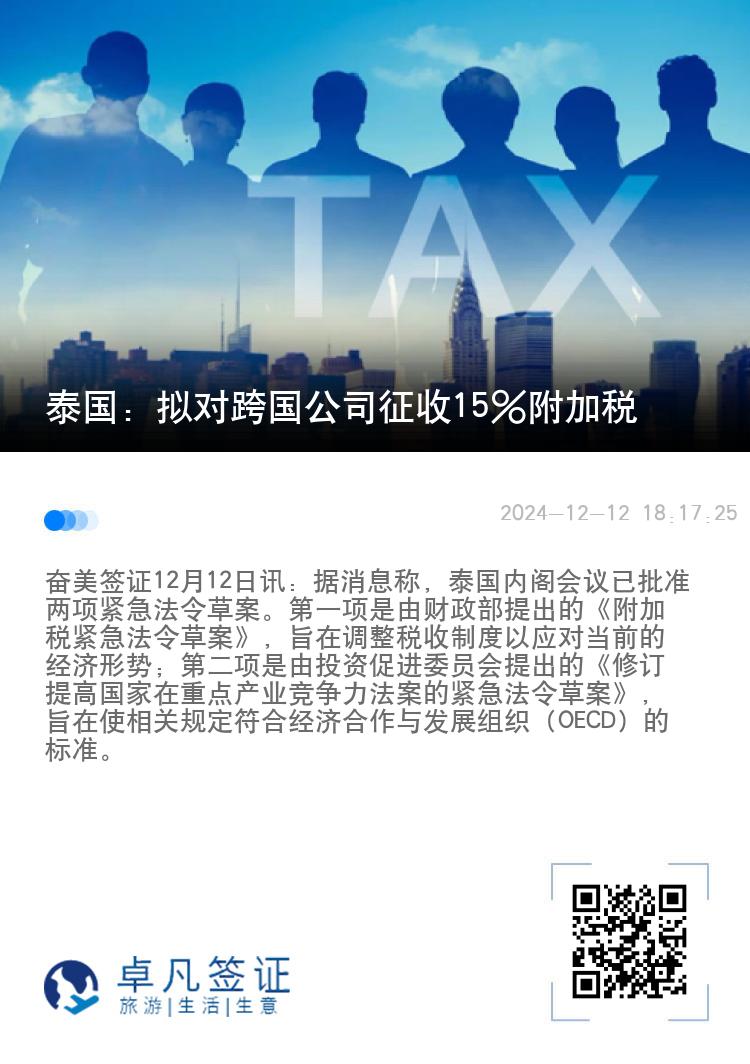 泰国：拟对跨国公司征收15%附加税