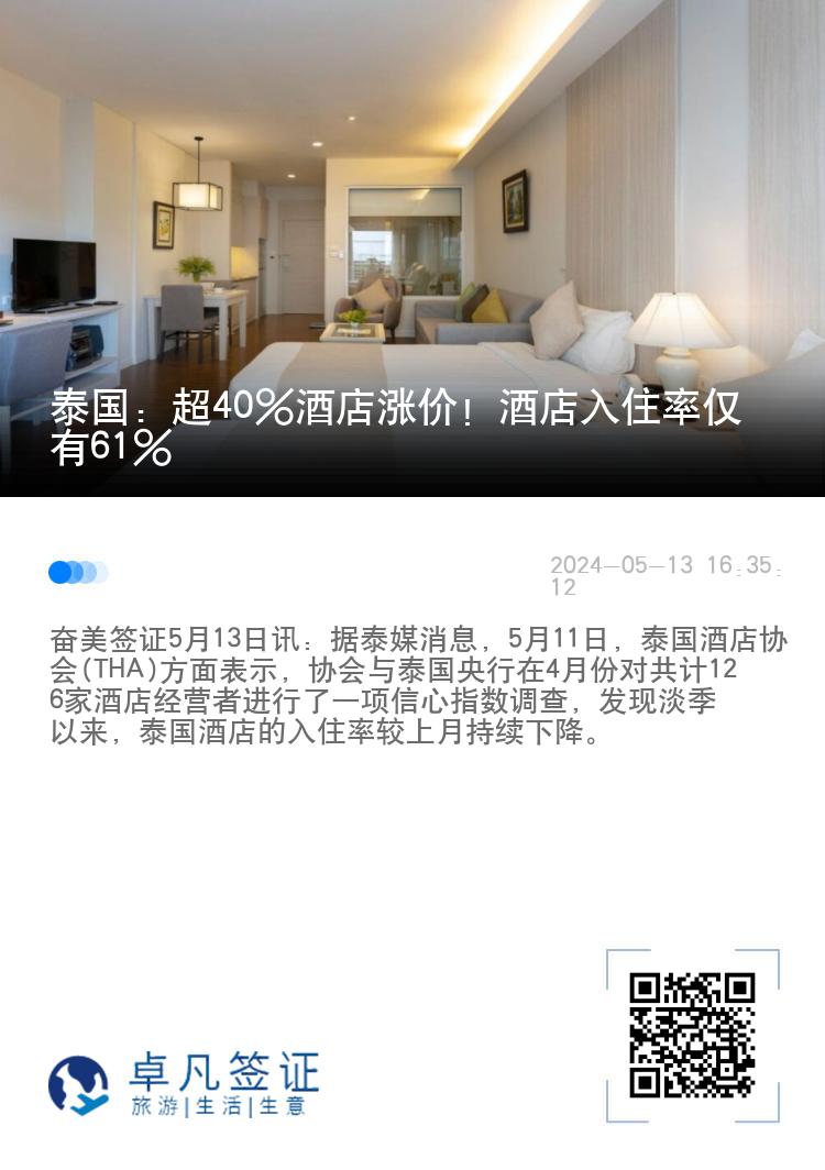 泰国：超40%酒店涨价！酒店入住率仅有61%