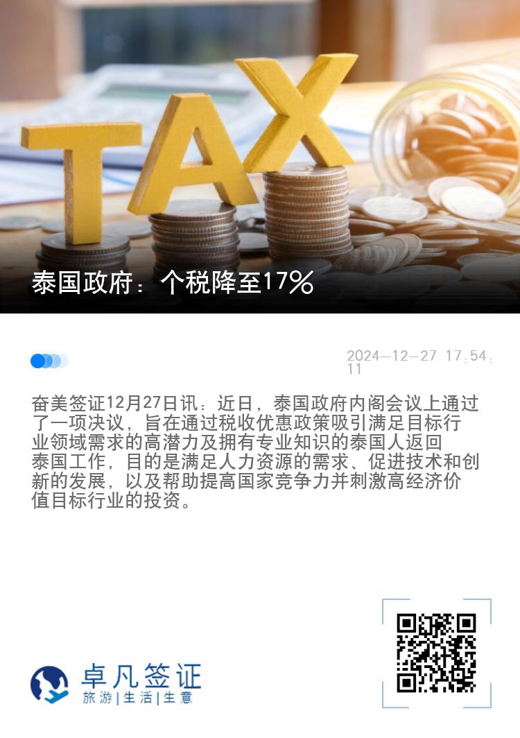 泰国政府：个税降至17%