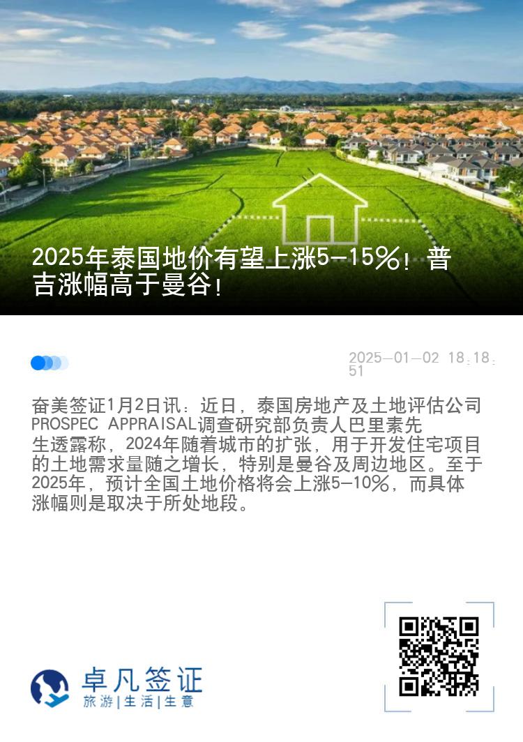 2025年泰国地价有望上涨5-15％！普吉涨幅高于曼谷！