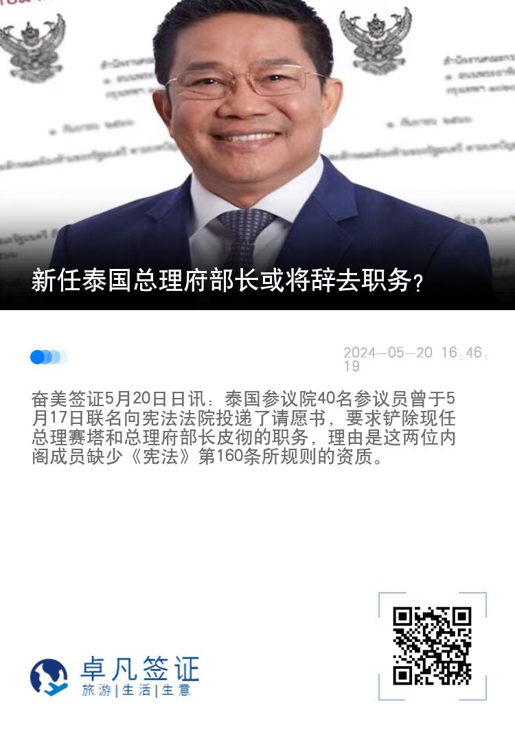 新任泰国总理府部长或将辞去职务？