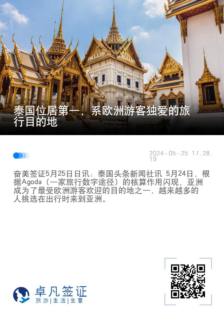 泰国位居第一，系欧洲游客独爱的旅行目的地