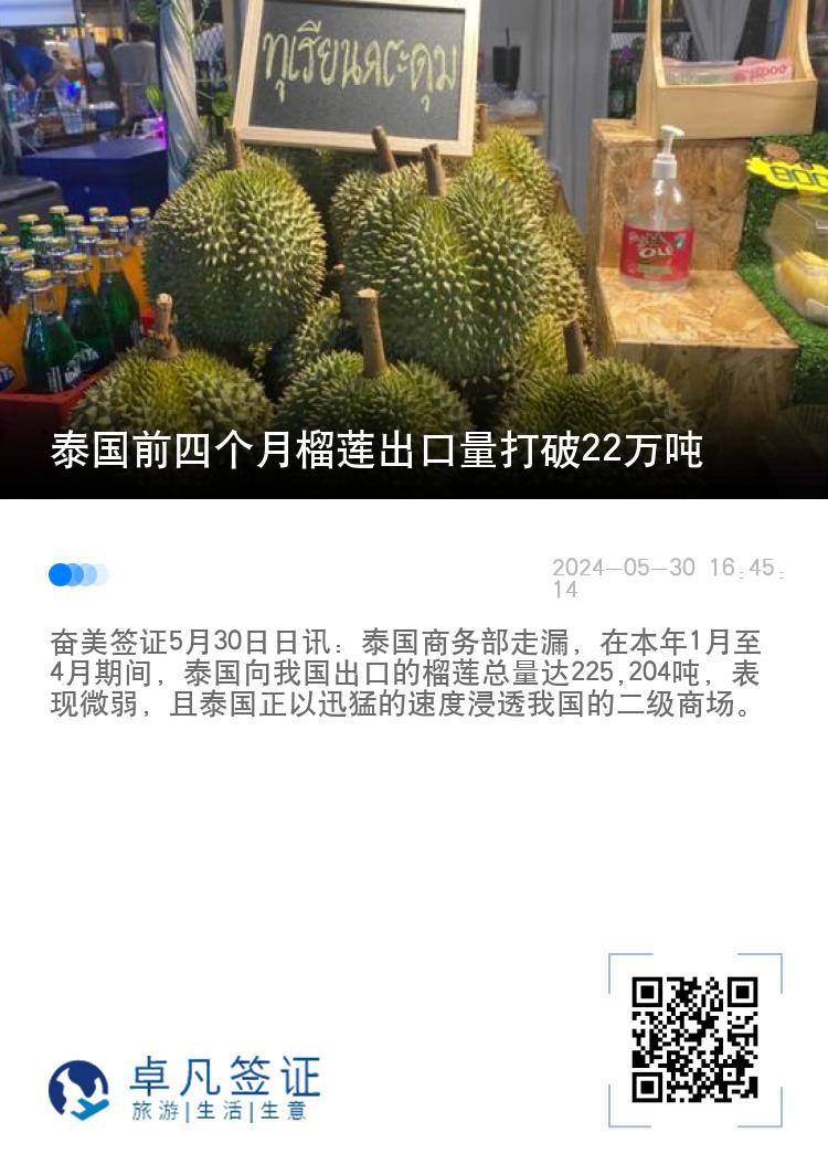 泰国前四个月榴莲出口量打破22万吨